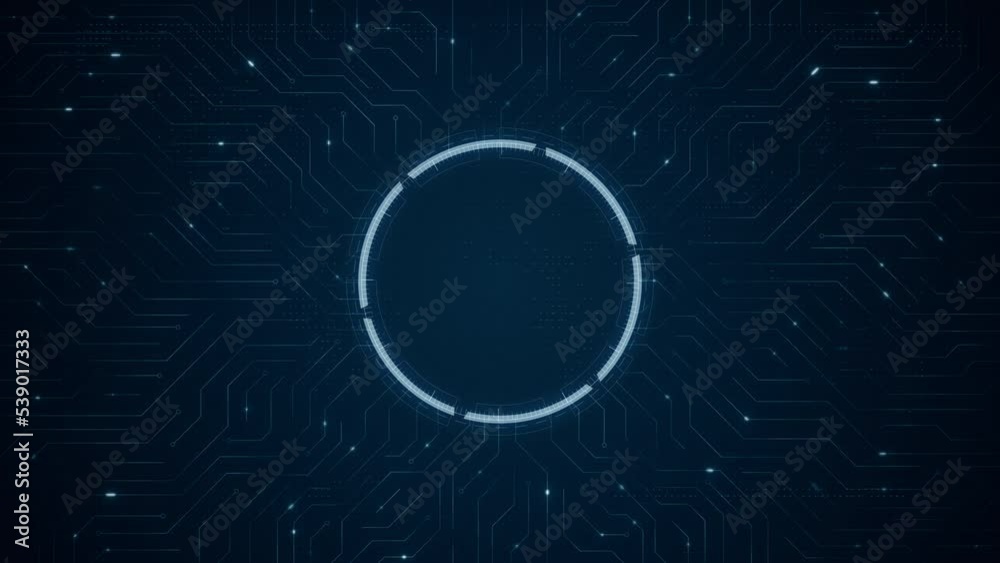 Wall mural motion graphic of blue circuit board with futuristic technology circle hud and data transfer on abst