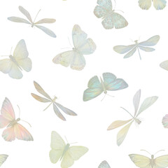 Abstract ornament for design and wallpaper. Seamless pattern of butterflies and dragonflies on a white background.
