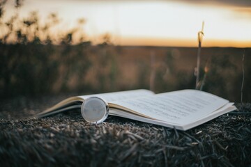 Open book with musical notes and a small transparent ball on the grass
