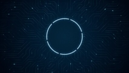 Motion graphic of Blue circuit board with futuristic technology circle HUD and data transfer on abstract background - Powered by Adobe
