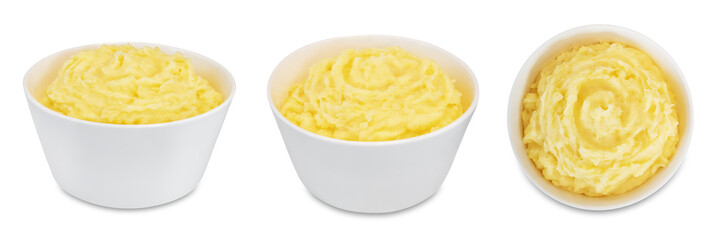 Mushed potato in a bowl on a white isolated background