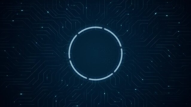 Motion graphic of Blue circuit board with futuristic technology circle HUD and data transfer on abstract background