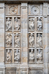 Relief figures of prophets and apostles. East facade, Gate of Forgiveness or Santa., Cathedral of Santiago de Compostela, Galicia, Spain.