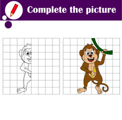 Educational game for children. Copy the picture. Cute monkey. Coloring book