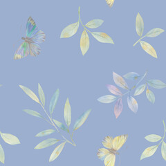 Fototapeta na wymiar Abstract botanical pattern. Watercolor butterflies and leaves seamless ornament for design.