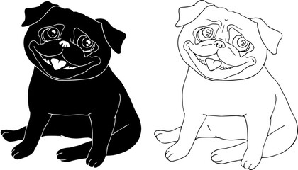 Funny sitting pugs in black and white colors isolated on white background. Hand drawn sketch of a dog. Simple vector illustration of a pet