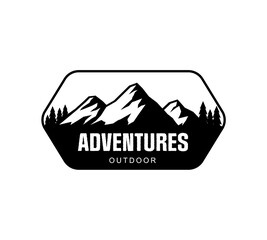 mountains vector logo. Black and white outdoor adventures vintage style design. Hiking badge isolated on white background