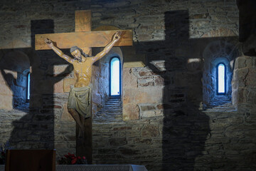 Crucified Christ. Sanctuary of Santa María La Real, O Cebreiro, Lugo, Galicia, Spain. French Way...