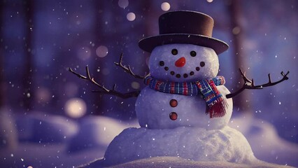 A computer generated 3D illustration composite of a snowman wearing a hat and scarf in a winter wonderland Christmas background with snow falling in a seamless loop. A.I. generated art. - Powered by Adobe