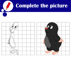 Educational game for children. Copy the picture. Cute mole. Coloring book