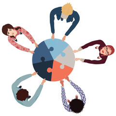 Group of business men and women top view holding and joining jigsaw puzzle pieces. Colleagues of diverse ethnic groups and cultures. Teamwork. Collaborate - cooperate. Problem solving