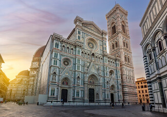 Cathedral of Saint Mary of Flower (Cattedrale di Santa Maria del Fiore) or Duomo di Firenze at sunrise, Florence, Italy - obrazy, fototapety, plakaty