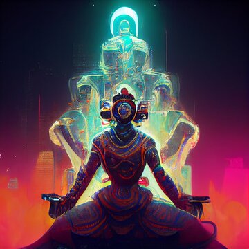 Technology God, religion, robot, cyborg, new world order, big brother, post apocalyptic, new gods, art, Eastern, cyberpunk worship alter high tech big data digital electronic robot (generative AI, AI)