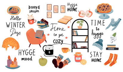 Hygge home themed lettering set with cozy items.Armchair with pillow, cat, warm clothes, books, teapot and cups, boots, candles, pie and apples.Vector clipart for design card.Flat style illustration.