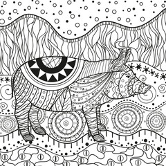 Fototapeta premium Ornate wallpaper with pig. Hand drawn waved ornaments on white. Abstract patterns on isolated background. Design for spiritual relaxation for adults. Line art. Black and white illustration