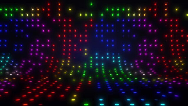 Curved multicolored glowing led light wall, flashing circle leds digital motion background, seamlessly looping