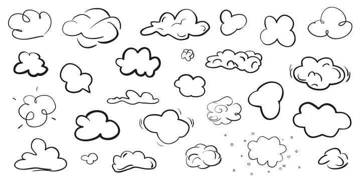 Clouds on isolation background. Doodles on white. Hand drawn line art. Black and white illustration. Sketches for artwork