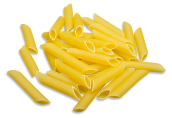Organic yellow rigate pasta on a white background