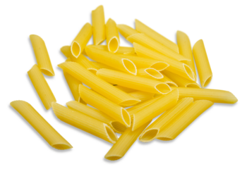 Organic yellow rigate pasta on a white background