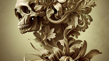 skull, crossbones, ornaments and flowers - beautiful classical holy decorative ornament - sacred skulls, acanthus scrolls, lilies, ivy - digital painting - obrazy, fototapety, plakaty