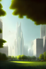 futuristic imposing bright utopia city buildings - small trees in foreground and skyscrapers in the background