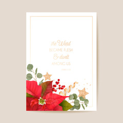 Poinsettia Winter Floral Card, Christmas Vector Wedding Invitation. Holiday Party greeting banner template