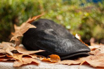 Sombrero caído en la calle bajo las hojas de los árboles.
