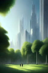 Ecological modern future city with trees and a park in the morning