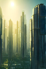 city skyline at sunset - utopia - future - ecological city concept - bright light
