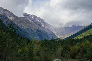Fototapeta premium view along a glacial forest lined valley to a massive mountainous amphitheater (cirque) with cloud forming on the mountain tops 