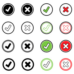 set of buttons with icons. Ticks and Crosses
