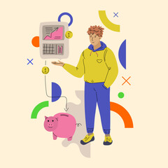 Conceptual illustration. The man shows how he made a profit from his investments. The figure of a man in full growth.