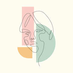 Woman face one line style. Hand drawing concept. Abstract geometric figure background. One line art. Vector illustrations design