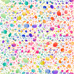 Seamless pattern with colorful watercolor drops. Ink illustration. Hand drawn ornament for wrapping paper. Rainbow colors. Polka dot ornament.