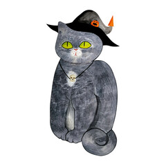 Watercolor hand painted Halloween cute gray cat in black hat