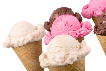 Various ice cream balls in waffle cones