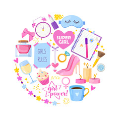 Set of little things and accessories for girls on white background 