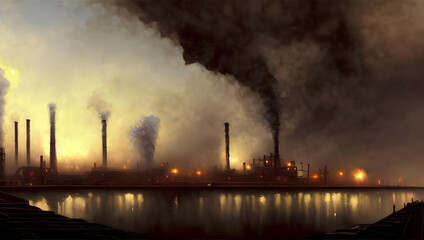 a dark industrial factory with smoke and fire from the chimney and smog