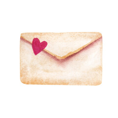 watercolor postal envelope with heart stamp. The element is isolated on a white background for design and print. Symbol of romance and love. Illustration for Valentine's Day, anniversary.