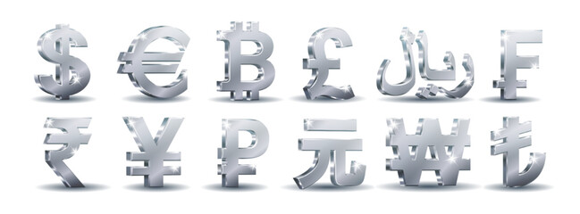 Silver currency sign set. euro, dollar, bitcoin, rial, frank, pound, yen, yuan, rupee, lira, won and rouble