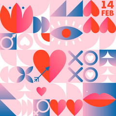 Valentines Day seamless pattern template.Romantic vector wallpaper in bauhaus style with geometric elements and symbols.Modern trendy design for prints,banners,fabric,invitations,branding,covers.