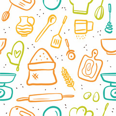 Vector pattern of kitchen utensils and baking dishes, hand-drawn in the style of a doodle.