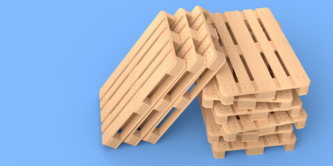 Set of wooden pallet for warehouse cargo storage isolated on blue background.