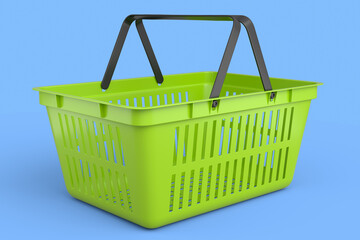 Plastic basket from supermarket for online shopping on blue background.