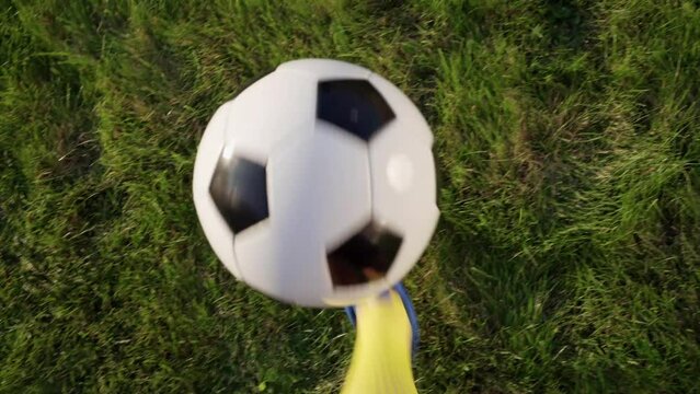POV from Player&rsquo;s Perspective  Kicks Ball with His Feet. Football Player at Practice Doing Tricks with  Ball. Soccer World Cup