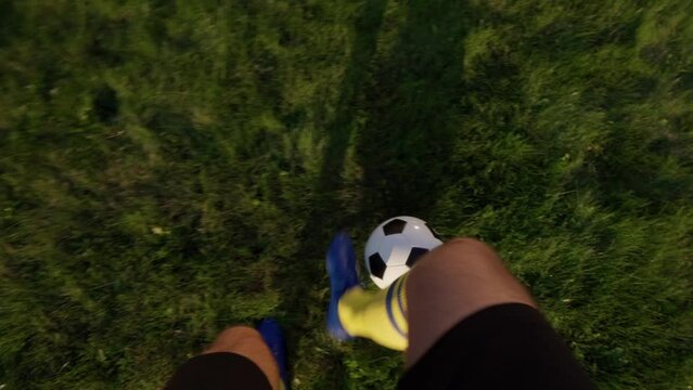 POV from Player&rsquo;s Perspective  Kicks Ball with His Feet. Football Player at Practice Doing Tricks with  Ball. Soccer World Cup