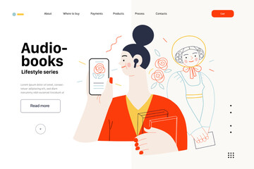 Lifestyle web template -Audiobooks -modern flat vector illustration of a woman listening an audiobook with buds in the tablet application, Victorian Era literary character. People activities concept