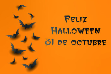 tarjeta o pancarta para una feliz fiesta de halloween el 31 de octubre en negro sobre un fondo naranja con murciélagos negros