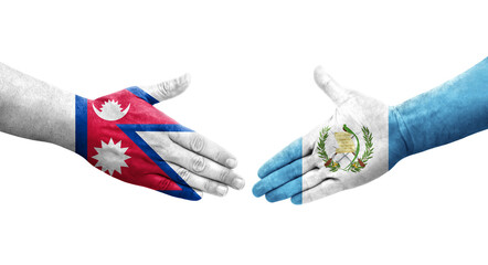 Handshake between Guatemala and Nepal flags painted on hands, isolated transparent image.