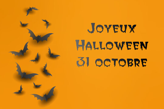 carte ou bandeau pour un joyeuse fête d'halloween le 31 octobre en noir sur un fond orange avec des chauves souris noires